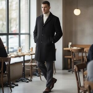 Ralph Lauren Men's Black Wool Overcoat Size 42 Classic Business Style 3 Button